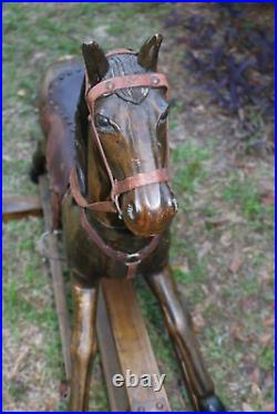 Vintage Antique Glider Rocking Horse Solid Wood & Leather Glass Eyes VGC