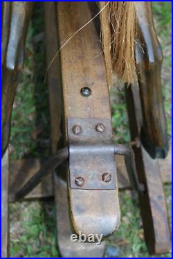 Vintage Antique Glider Rocking Horse Solid Wood & Leather Glass Eyes VGC