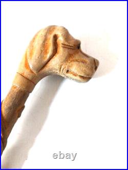 Vintage Antique Magnifying Glass Carved Labrador Dog Wood Handle Glass eyes