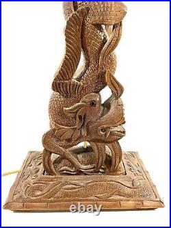 Vintage Asian Chinese Dragon Lamp Wood Carved Red Glass Eyes Nicely Carved