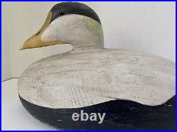 Vintage Carved Eider Duck Decoy, Solid Wood Body, Glass Eyes, Leather Tie Loop