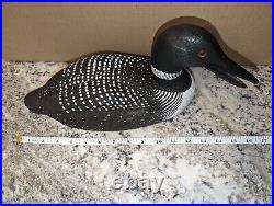 Vintage Carved Wood Common Loon Decoy Glass Eyes 16in Signed