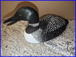 Vintage Carved Wood Common Loon Decoy Glass Eyes 16in Signed