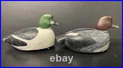 Vintage Carved Wood Goldeneye Duck Decoy Pair, Glass Eyes, Carved Wing Relief