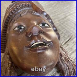 Vintage Carved Wood Mask With Glass Eyes