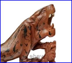Vintage Collectible Hand Carved Tiger Figurines Asian Rosewood Glass Eyes fs