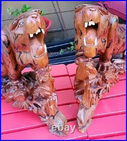 Vintage Collectible Hand Carved Tiger Figurines Asian Rosewood Glass Eyes fs