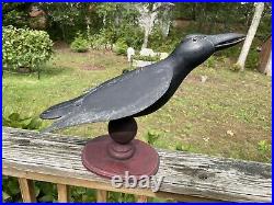 Vintage Folk Art Dallas Valley Hand Carved Wooden Crow Tin Wings Glass Eyes