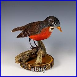 Vintage Folk Art Hand Carved Wood Bird Robin With Glass Eyes Signed