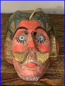 Vintage Guatemalan Hand Carved and Painted Wood Mask Piercing Glass Eyes