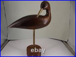 Vintage Hand Carved Sand Piper On Wood Stand Brass Beak Glass Eyes 11 Tall