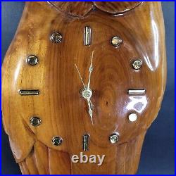 Vintage Hand Carved Wood Owl Wall Clock Mid Century Large Glass Eyes