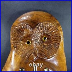 Vintage Hand Carved Wood Owl Wall Clock Mid Century Large Glass Eyes