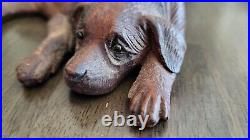 Vintage Hand Carved labrador dog sculpture recumbant glass eyes Small size