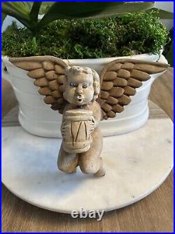 Vintage MEXICAN Carved Wood FOLK ART ANGEL with Blue GLASS EYES and DRUM