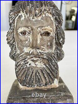 Vintage Pair Hand Carved Wood Santos Apostle Head Male Saint With Glass Eyes