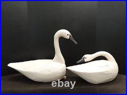 Vintage Pair of Large Hand Carved Wooden Swans With Glass Eyes, Signed F & S