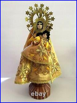 Vintage Philippine Madonna & Child Wood Statue Crowns Halo Glass Eyes 18 Tall