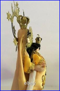 Vintage Philippine Madonna & Child Wood Statue Crowns Halo Glass Eyes 18 Tall
