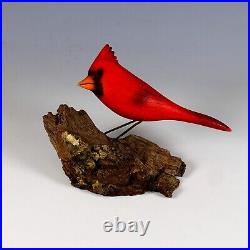Vintage Signed Folk Art Hand Carved Wood Bird Cardinal With Glass Eyes