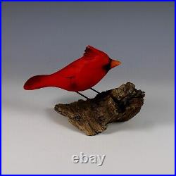 Vintage Signed Folk Art Hand Carved Wood Bird Cardinal With Glass Eyes