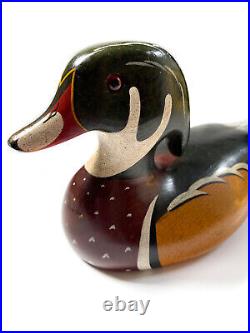 Vintage Thomas Chandler Signed Wood Carved Duck Original Paint Glass Eyes