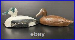 Vintage Wood Eider Duck Decoy Pair, Glass Eyes, Lether Tie loops, Swivel Heads