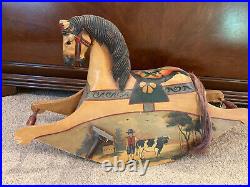 Vintage Wood Rocking Horse Carousel Glass Eyes Horsehair Tail Hand Painted EUC