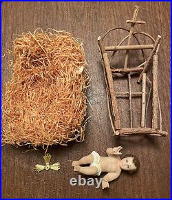 Vtg Baby Jesus Terracotta Figurine Polychrome Glass Eyes 5, With Wood Cradle