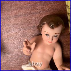 Vtg Baby Jesus Terracotta Figurine Polychrome Glass Eyes 5, With Wood Cradle