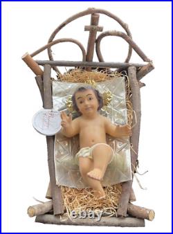 Vtg Bareggio Baby Jesus Figurine Creche Cradle Glass Eyes Manger Nativity Italy