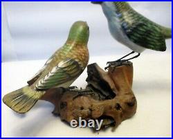 Vtg Hand Painted Wood Carved Bird Sculpture. Glass Eyes Driftwood Branch Base
