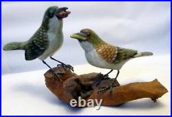 Vtg Hand Painted Wood Carved Bird Sculpture. Glass Eyes Driftwood Branch Base